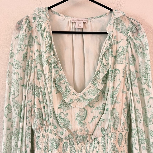 NWOT House of Harlow 1960 Mint Paisley White Smocked Ruffle Mini Dress Small - Picture 4 of 15